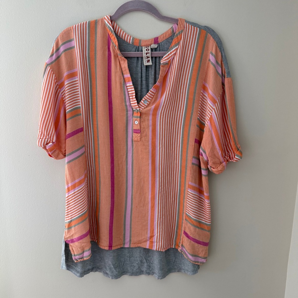 Dolan Left Coast Collection Striped Mixed Media‎ Henley Top Orange Pink Large